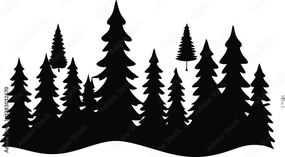 Fototapeta premium Black and white silhouette of a forest with multiple trees in the background, ideal for logos, branding, and digital artwork.
