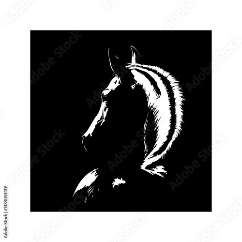Stylized, black-and-white portrait of a foal