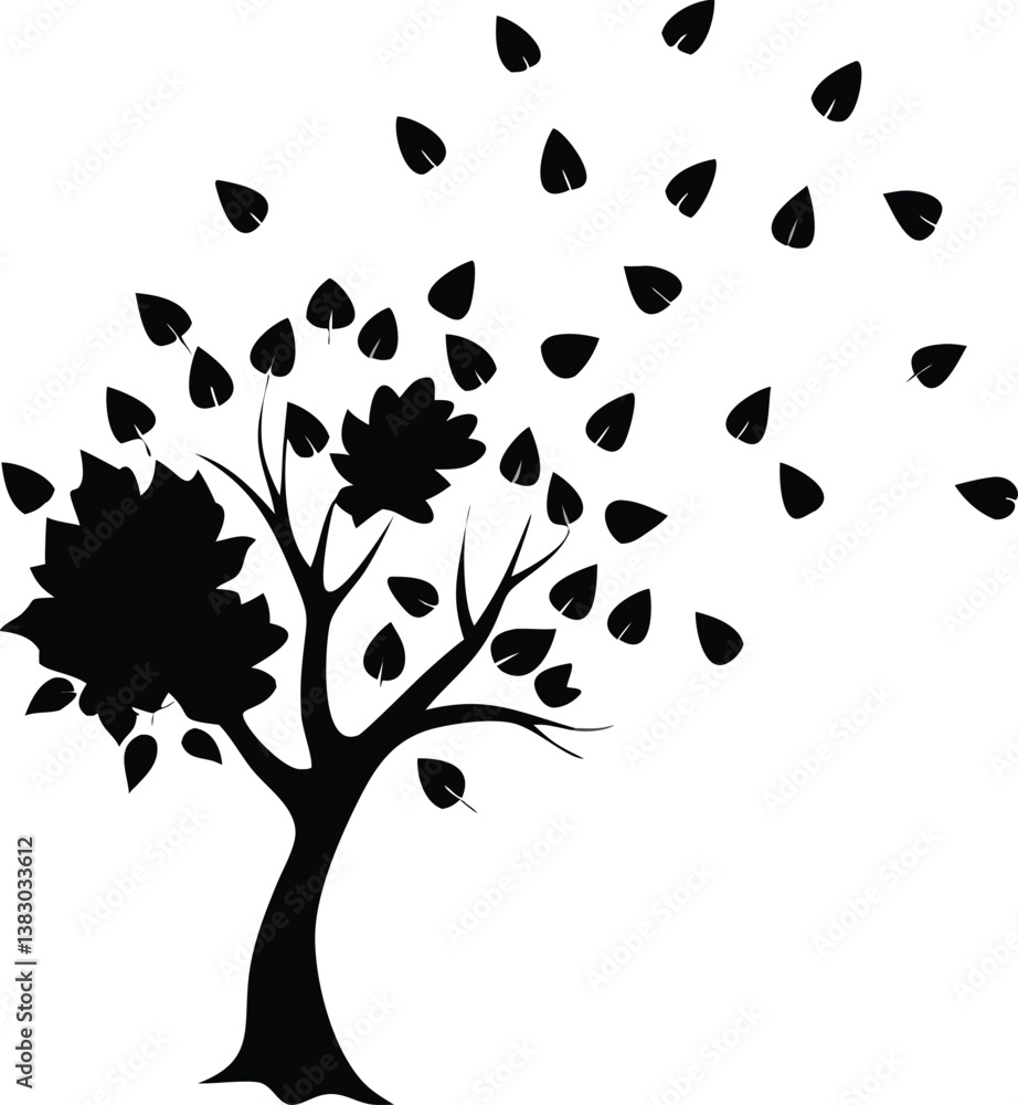 Fototapeta premium Black and white silhouette of a tree with falling autumn leaves, ideal for logos, branding, and digital artwork.