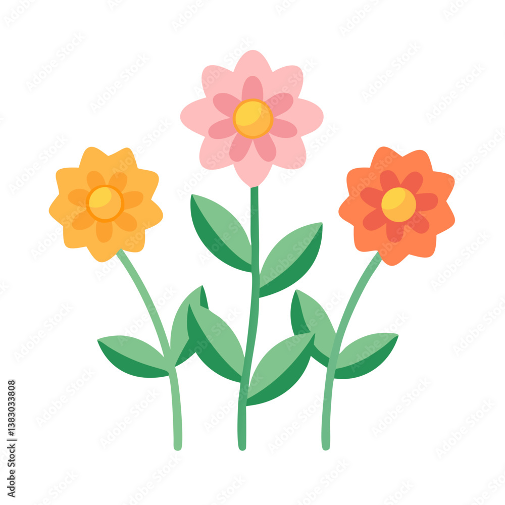 Pink orange and yellow cartoon flowers with green leaves Pink orange and yellow cartoon flowers with green leaves