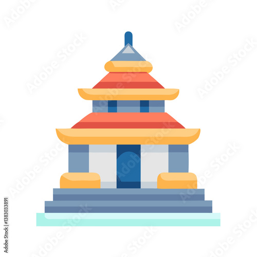 Multilevel temple building with blue and orange roof in flat style