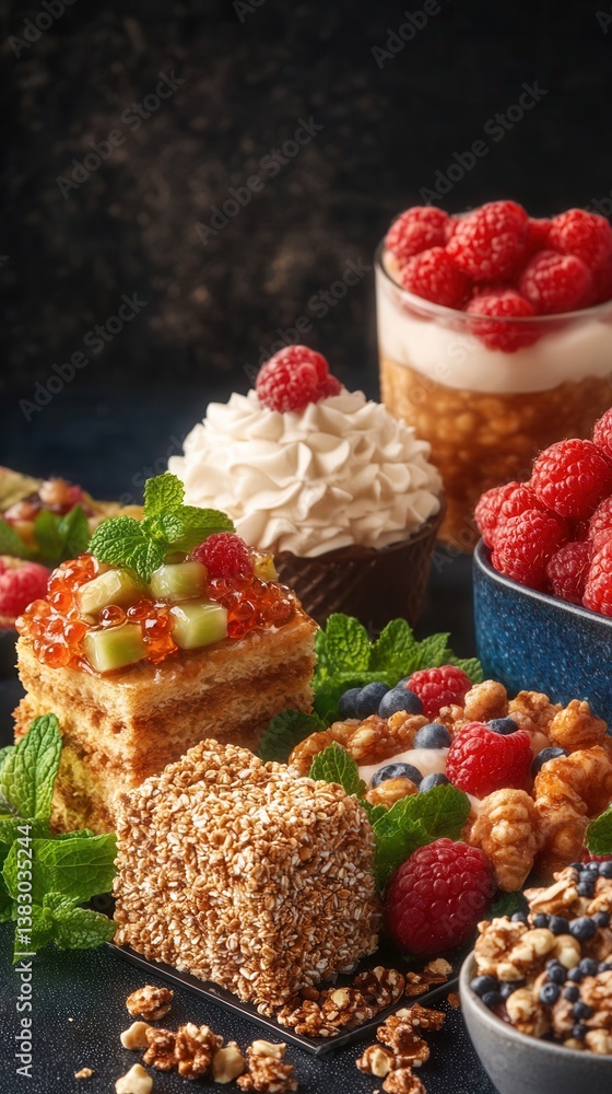 A premium selection of clean and healthy snacks is artfully arranged in a visually appealing snack box showcasing delicious pastries, fresh berries, and granola for a delightful A premium selection of clean and healthy snacks is artfully arranged in a visually appealing snack box showcasing delicious pastries, fresh berries, and granola for a delightful