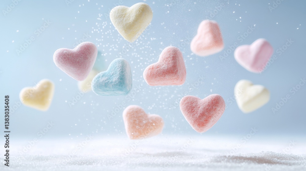 Fototapeta premium Dramatic capture of handcrafted marshmallow candies frozen in motion, heart-shaped and star-shaped pieces in cotton candy colors, some pieces slightly twisted showing dimensional movement, fine sugar