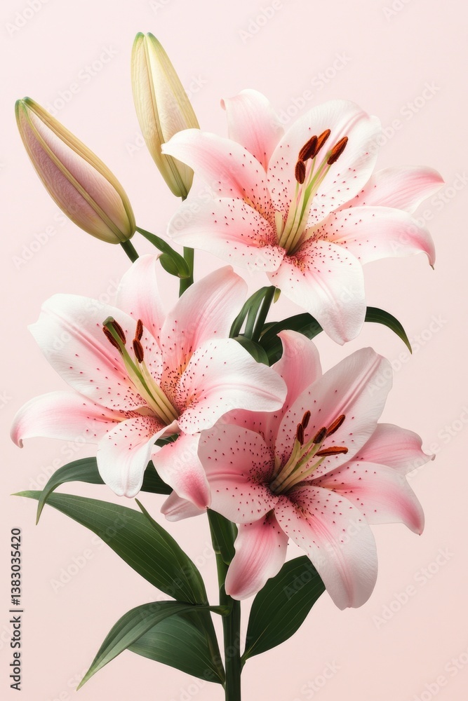 Obraz premium Elegant pink lily blossoms with delicate freckles against a soft pastel background creating a serene floral composition for botanical beauty