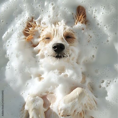 Playful puppy enjoying a bubble bath in a bright and cheerful setting during a sunny afternoon