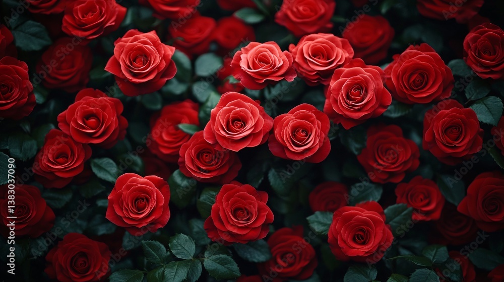 Naklejka premium A stunning close-up of a dense wall of blooming red roses, ideal for romantic occasions like Valentine's Day, Mother's Day, or Women's Day celebrations.
