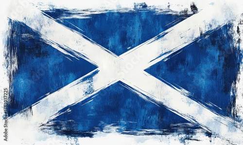 Grunge painted Scotland flag. Template for invitation, poster, flyer, banner, etc. Abstract watercolor splashes flag of Scotland. Saint Andrew day concept.
