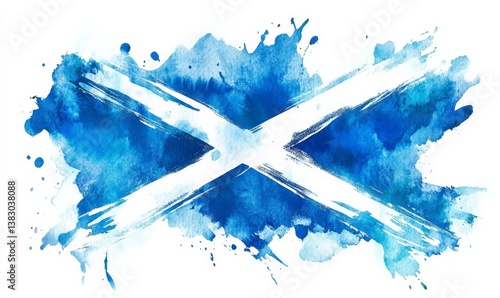 Grunge painted Scotland flag. Template for invitation, poster, flyer, banner, etc. Abstract watercolor splashes flag of Scotland. Saint Andrew day concept.