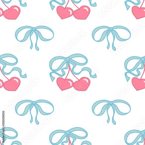 Coquette cherry with bows seamless pattern set. Hart-shaped berries with ribbons on pastel pink and blue colors. Romantic trendy hand-drawn, vector illustration.