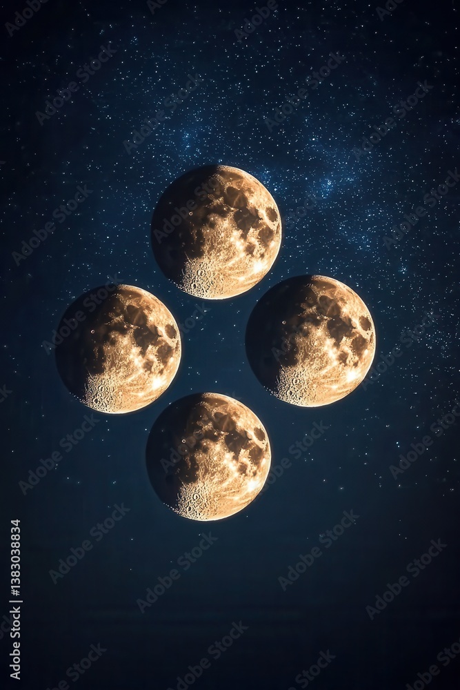 Naklejka premium Four celestial moons in cosmic alignment against a starry night sky evoking wonder and mystery astronomical concept dreamy background