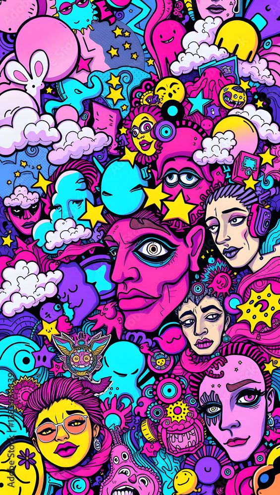 Fototapeta premium Intricate illustration with a kaleidoscope of vibrant characters and shapes, full of life.