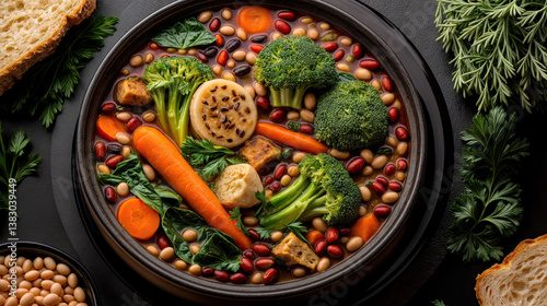 A vibrant medley of vegetables, including carrots, broccoli, and beans, simmered in a rich broth.