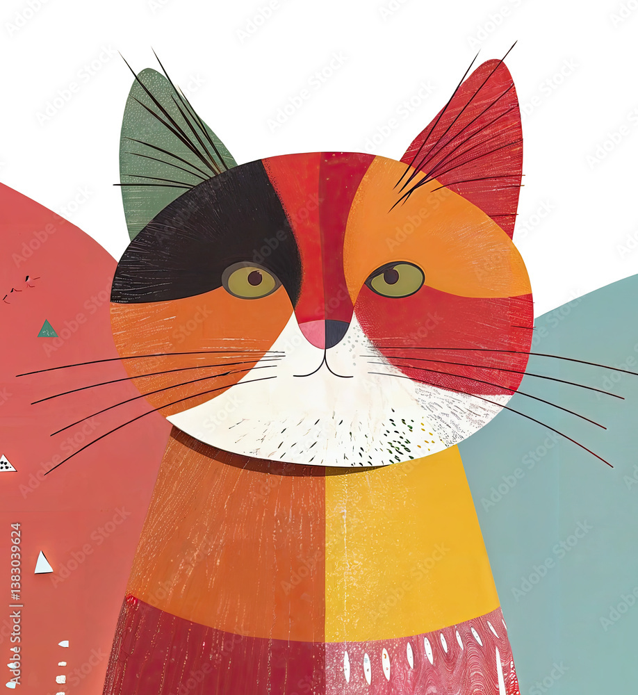 an abstract illustration of a cat with a colorful, geometric design. The cat's face is divided into various sections with different colors such as red, orange, green, and white.