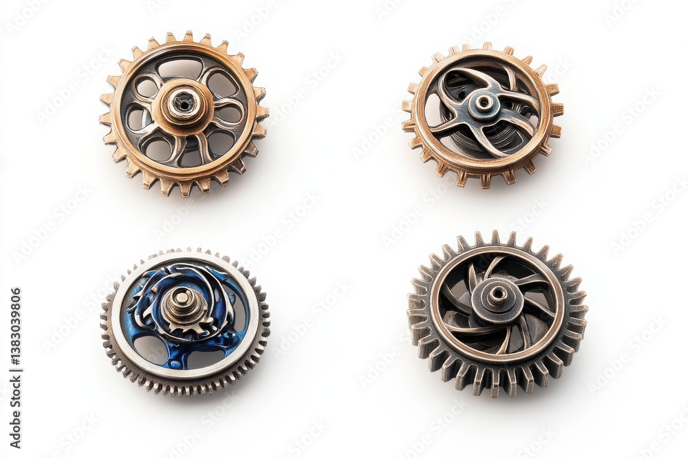 Four metallic gears shown from different angles, highlighting their intricate design Four metallic gears shown from different angles, highlighting their intricate design