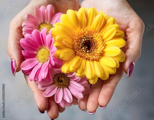 hand holding vibrant yellow and pink flowers with painted nails
