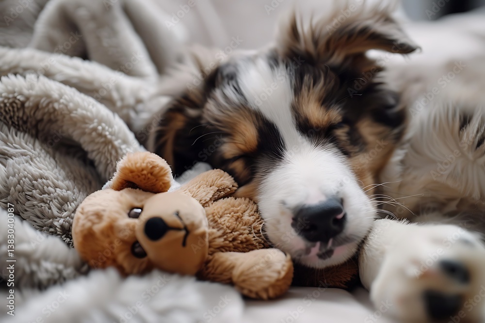 A charming puppy curled up with a plush toy, looking peaceful.
A charming puppy curled up with a plush toy, looking peaceful.