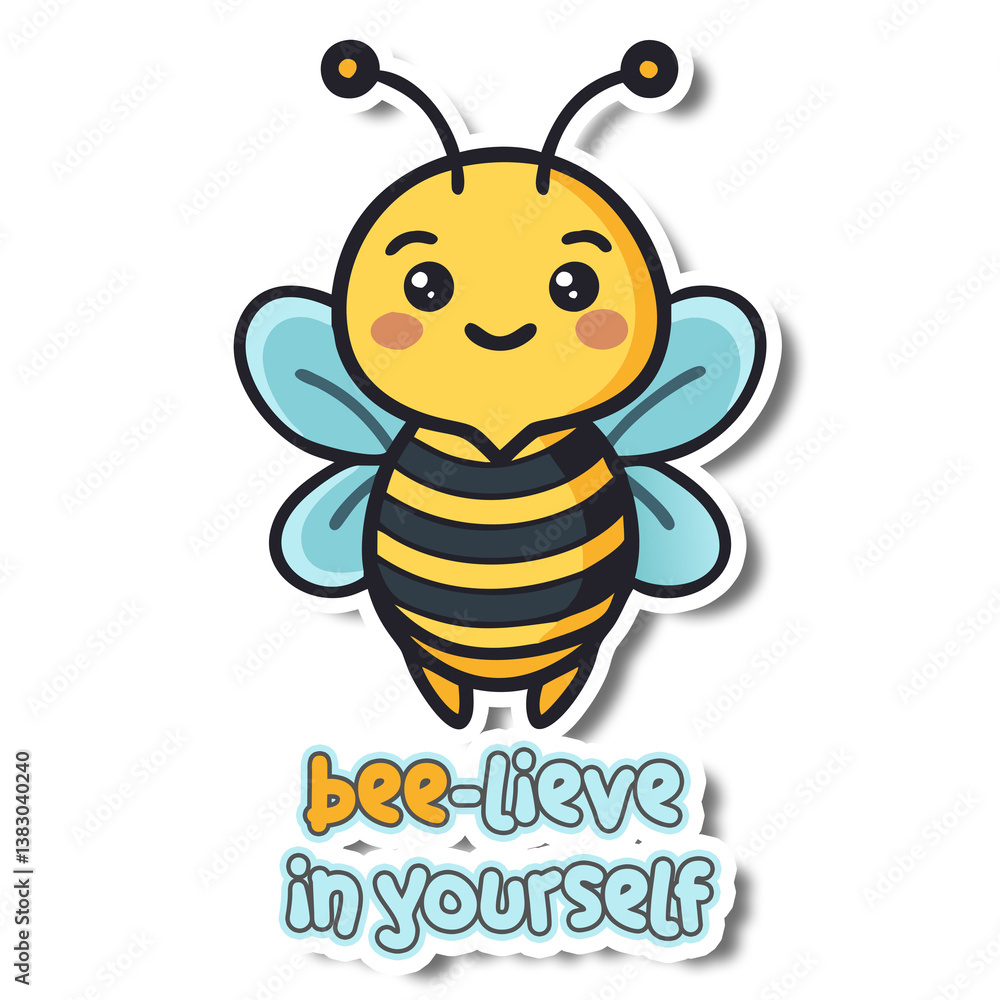 a cute, cartoonish bee with a cheerful expression, standing on a black background. Below the bee, the text