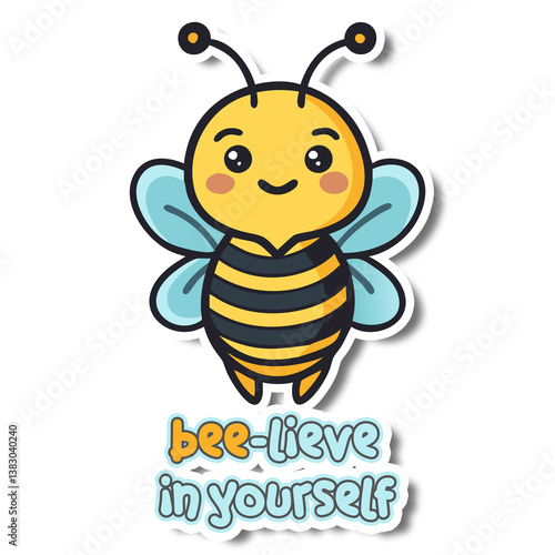 Obraz na płótnie a cute, cartoonish bee with a cheerful expression, standing on a black background. Below the bee, the text