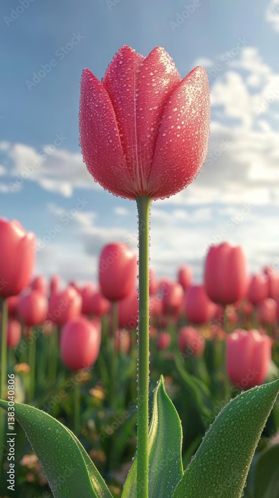 A single pink flower with dew drops on it stands out in a field of pink flowers A single pink flower with dew drops on it stands out in a field of pink flowers
