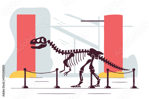 Vector illustration of a dinosaur skeleton in a museum, prehistoric exhibit, paleontology concept