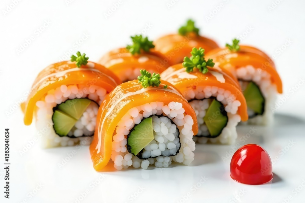 Variety of sushi rolls on white background, ginger, wasabi, raw, asia Variety of sushi rolls on white background, ginger, wasabi, raw, asia