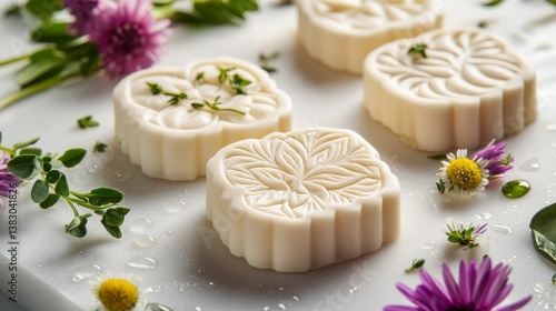 Handcrafted butter pats with detailed embossed floral designs, arranged on white marble slab, scattered fresh herbs and edible flowers, morning dew droplets, professional studio lighting, macro lens