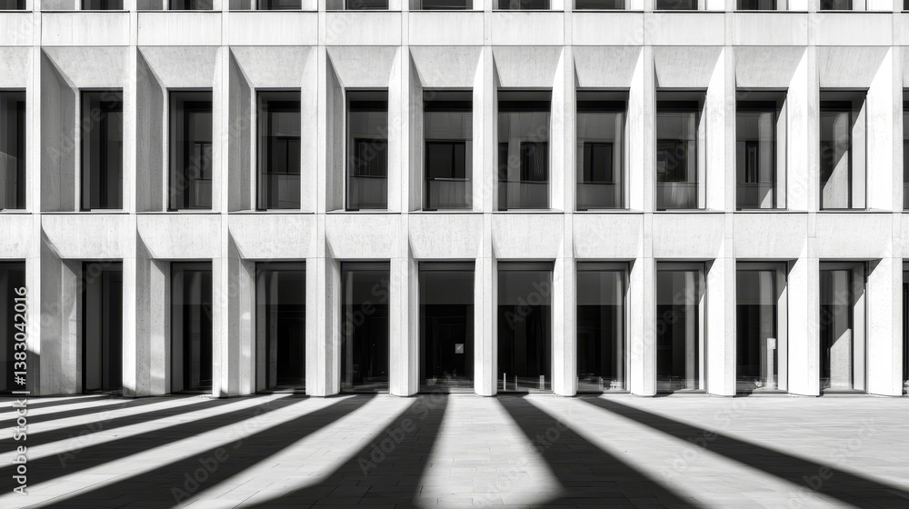 Fototapeta premium Modern architectural facade with sharp lines and shadows, emphasizing symmetry and design