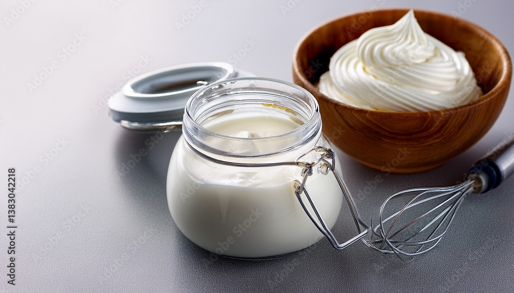 whisked milk mixture in a small glass jar with cream whipped jar whisked milk mixture in a small glass jar with cream whipped jar