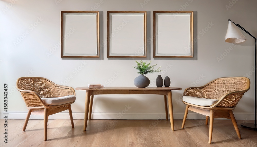 a cozy seating area featuring two chairs a wooden table and three empty picture frames on a light wall creating a minimalist aesthetic a cozy seating area featuring two chairs a wooden table and three empty picture frames on a light wall creating a minimalist aesthetic
