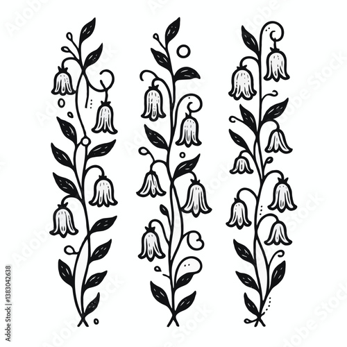 Set of twigs, branches of leaves, doodle floral pattern. Hand drawn Botanical drawing. Detailed line art bluebell, Campanula vine illustration. Outline Simple Stylized Art, harebell flowers blossom