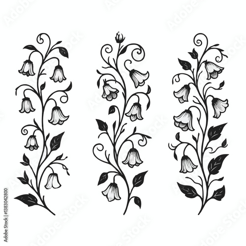 Set of twigs, branches of leaves, doodle floral pattern. Hand drawn Botanical drawing. Detailed line art bluebell, Campanula vine illustration. Outline Simple Stylized Art, harebell flowers blossom