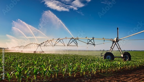 a corn field being watered by an agricultural irrigation system generated with ai