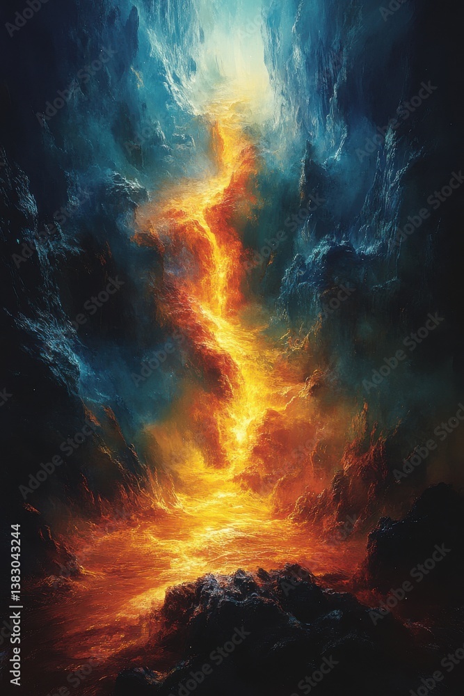 A painting of a fiery river flowing through a rocky canyon A painting of a fiery river flowing through a rocky canyon