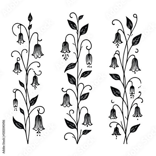 Set of twigs, branches of leaves, doodle floral pattern. Hand drawn Botanical drawing. Detailed line art bluebell, Campanula vine illustration. Outline Simple Stylized Art, harebell flowers blossom
