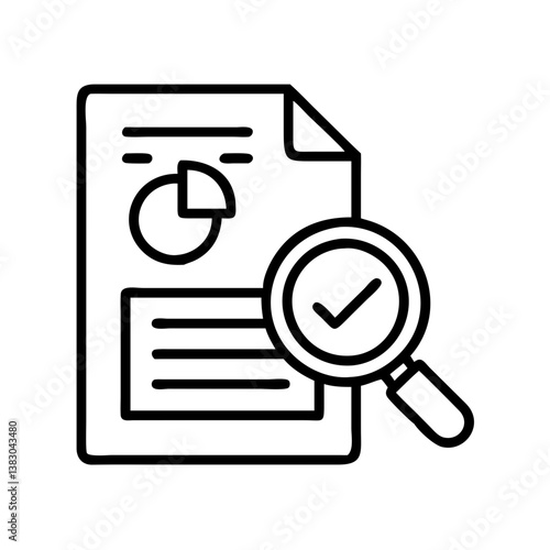 Document review checklist with magnifying glass icon for audit and compliance verification process task complete