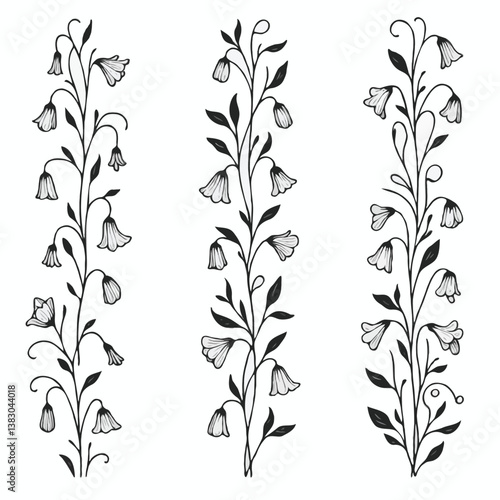 Set of twigs, branches of leaves, doodle floral pattern. Hand drawn Botanical drawing. Detailed line art bluebell, Campanula vine illustration. Outline Simple Stylized Art, harebell flowers blossom