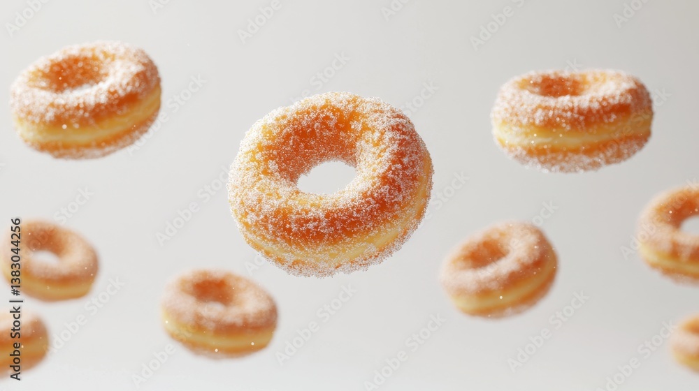 Choreographed array of floating donuts in various positions, crystalline sugar glaze sparkling under professional lighting, pastries caught mid-spin showing both tops and sides, clean white Choreographed array of floating donuts in various positions, crystalline sugar glaze sparkling under professional lighting, pastries caught mid-spin showing both tops and sides, clean white