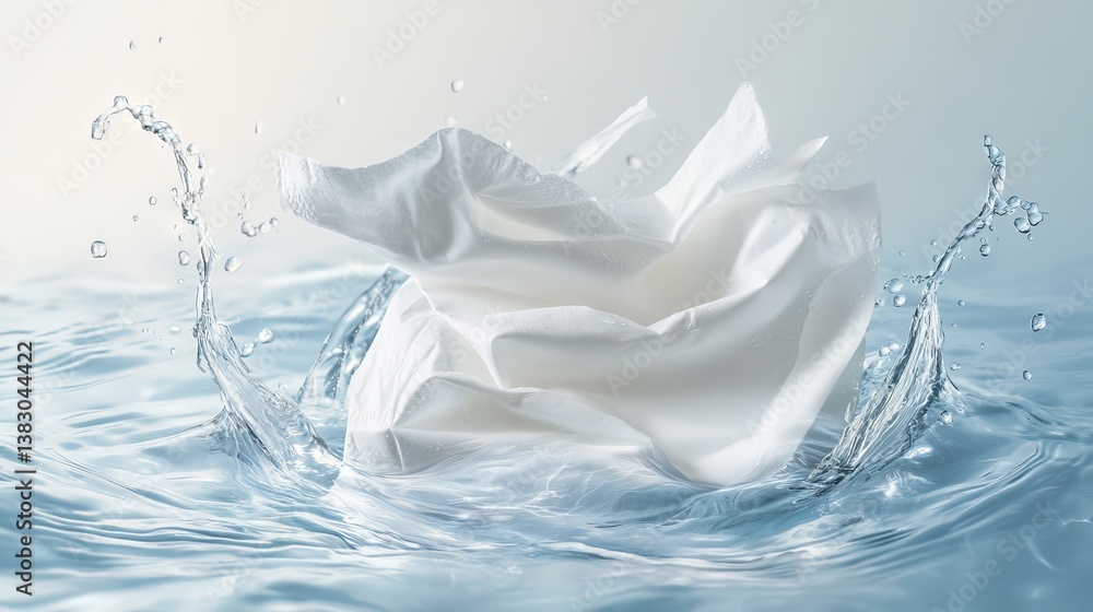 Floating wet wipe package with dynamic tissue pulling motion, perfect splash of water drops, pure white infinity background, professional product lighting, hyper realistic material textures, premium Floating wet wipe package with dynamic tissue pulling motion, perfect splash of water drops, pure white infinity background, professional product lighting, hyper realistic material textures, premium