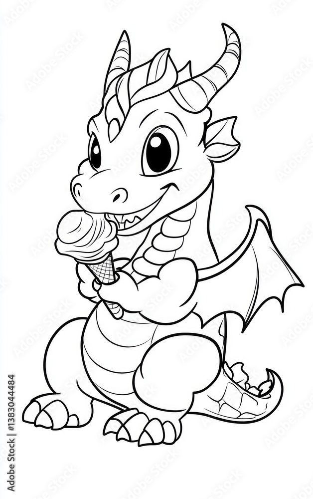 Fototapeta premium Kids Drawing Coloring page in A4 size featuring a cheerful dragon enjoying ice cream ready-to-print portrait