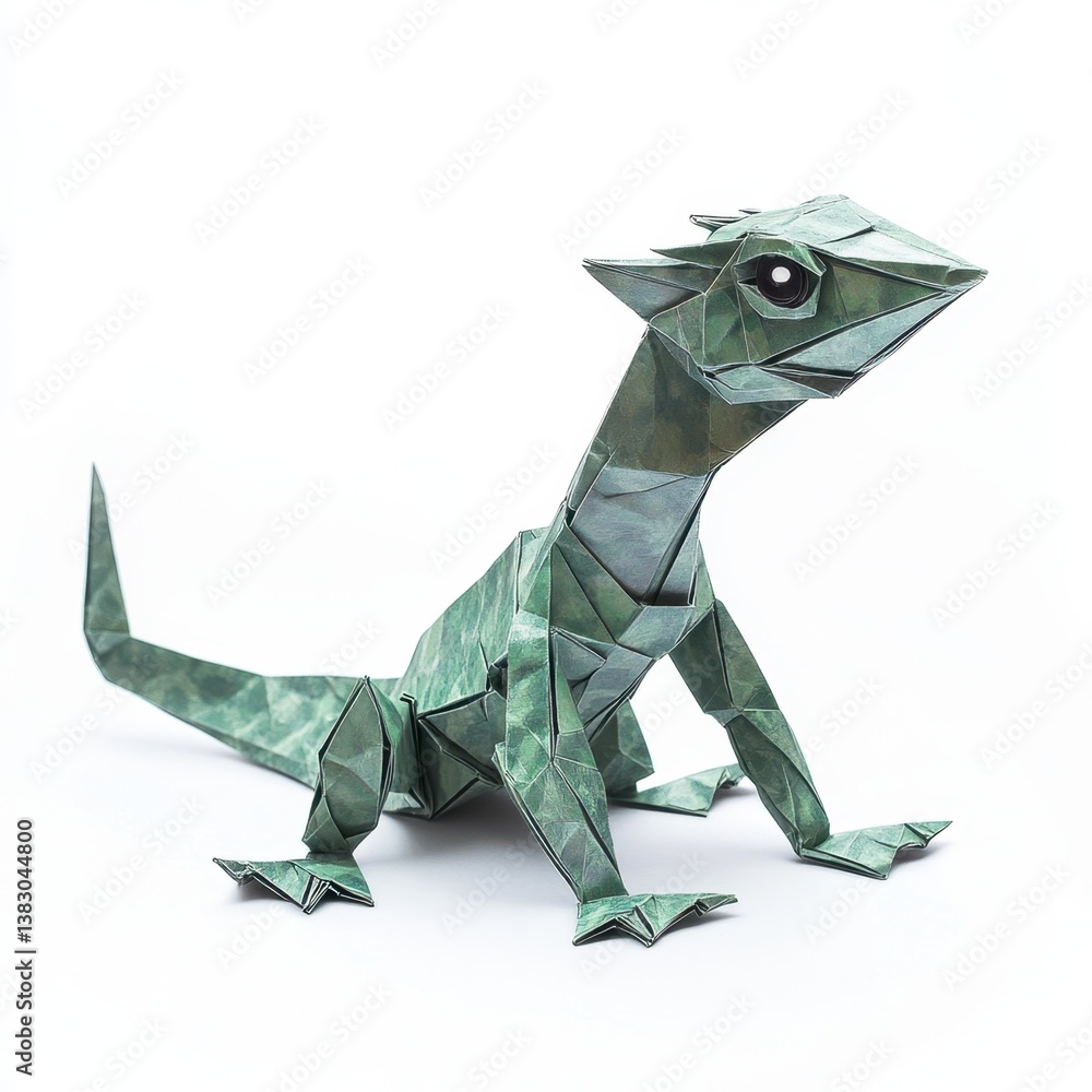Fototapeta premium Intricate Green Origami Lizard Artfully Folded Paper Reptile Craft Detailed Close Up Shot