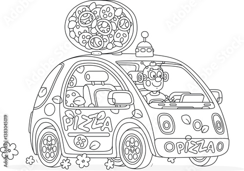 Cheerful robot driving its small pizza delivery electric car full of tasty smelling boxes for waiting hungry clients, black and white vector cartoon illustration for a coloring book page