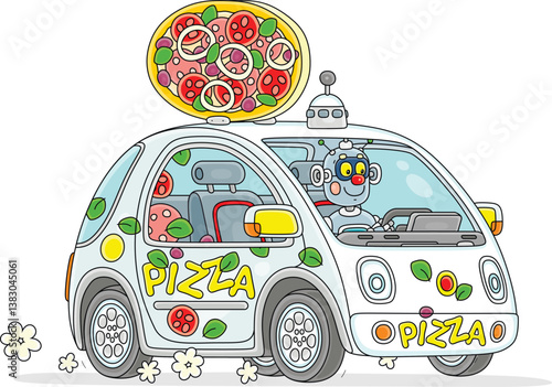 Cheerful robot driving its small pizza delivery electric car full of tasty smelling boxes for waiting hungry clients, vector cartoon illustration on a white background