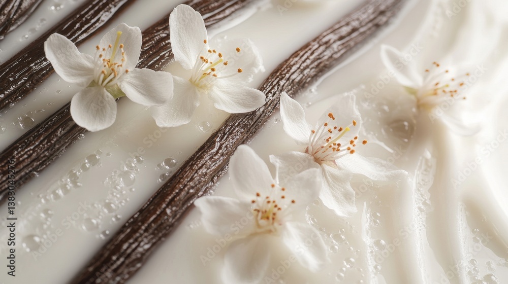 Curled aromatic vanilla sticks with visible texture striations, scattered white cherry blossoms, multiple milk drops suspended in intricate patterns, pristine white backdrop, soft side lighting Curled aromatic vanilla sticks with visible texture striations, scattered white cherry blossoms, multiple milk drops suspended in intricate patterns, pristine white backdrop, soft side lighting