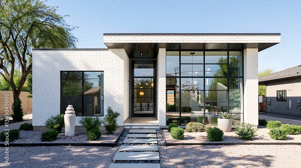 Obraz premium A small house with white brick exterior and a quaint front space.