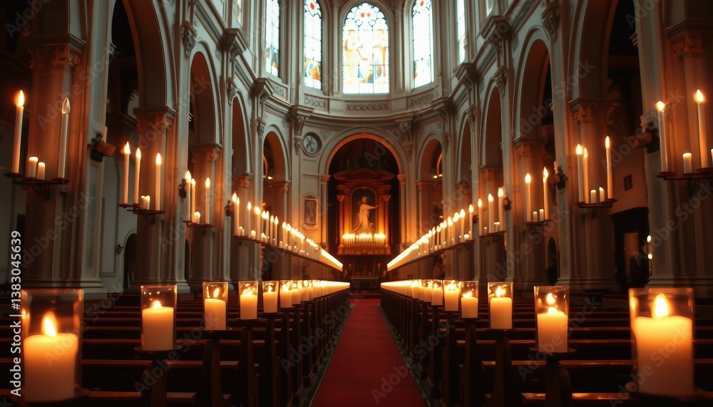 A serene church interior illuminated by rows of burning candles, radiating peace and spiritual reflection. The glowing cross centerpiece creates a deep sense of religious reverence and meditative tran A serene church interior illuminated by rows of burning candles, radiating peace and spiritual reflection. The glowing cross centerpiece creates a deep sense of religious reverence and meditative tran
