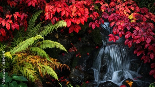 Autumn waterfall garden scene, red leaves, ferns