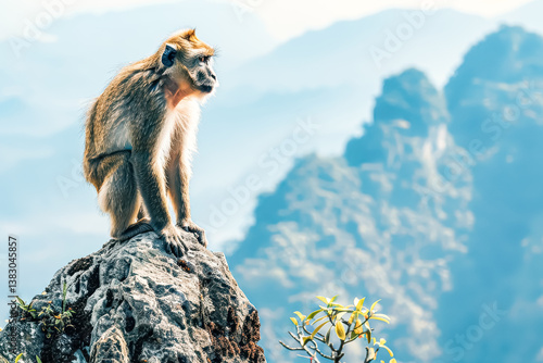 Monkey is sitting on a rock in front of a mountain