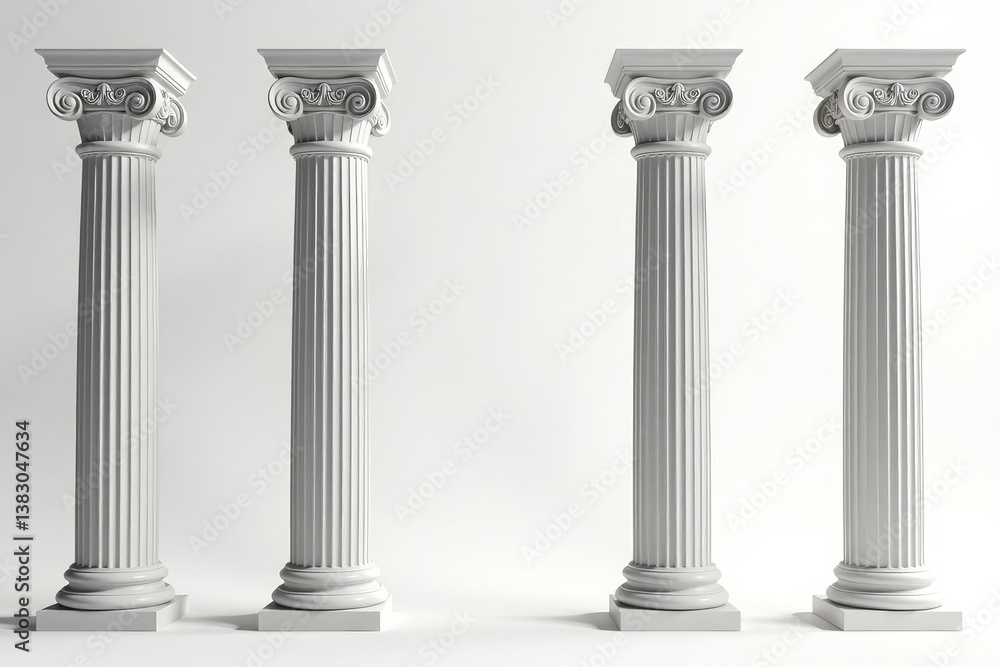 Elegant Roman-style columns against a stark white backdrop , grand, still life, architecture Elegant Roman-style columns against a stark white backdrop , grand, still life, architecture