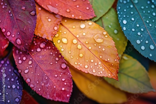 Vibrant autumn leaves, glistening with water droplets