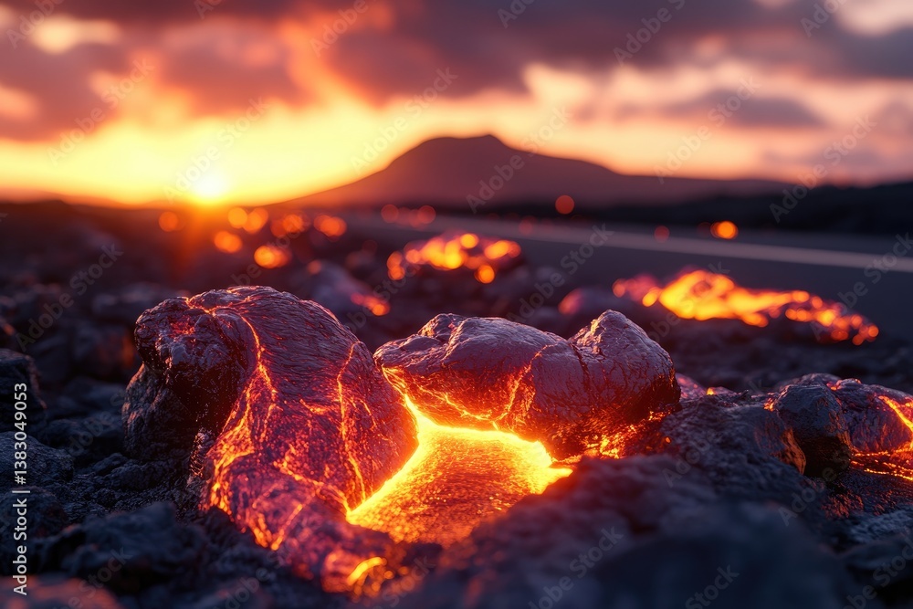 Molten lava flows over a roadway at sunset Molten lava flows over a roadway at sunset